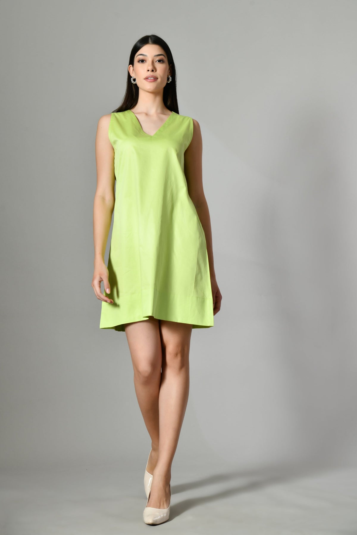 Lime Green Sleeveless A-Line Dress | Breezy & Minimalist ISARA Lime Green Sleeveless A-Line Dress | Breezy & Minimalist ISARA