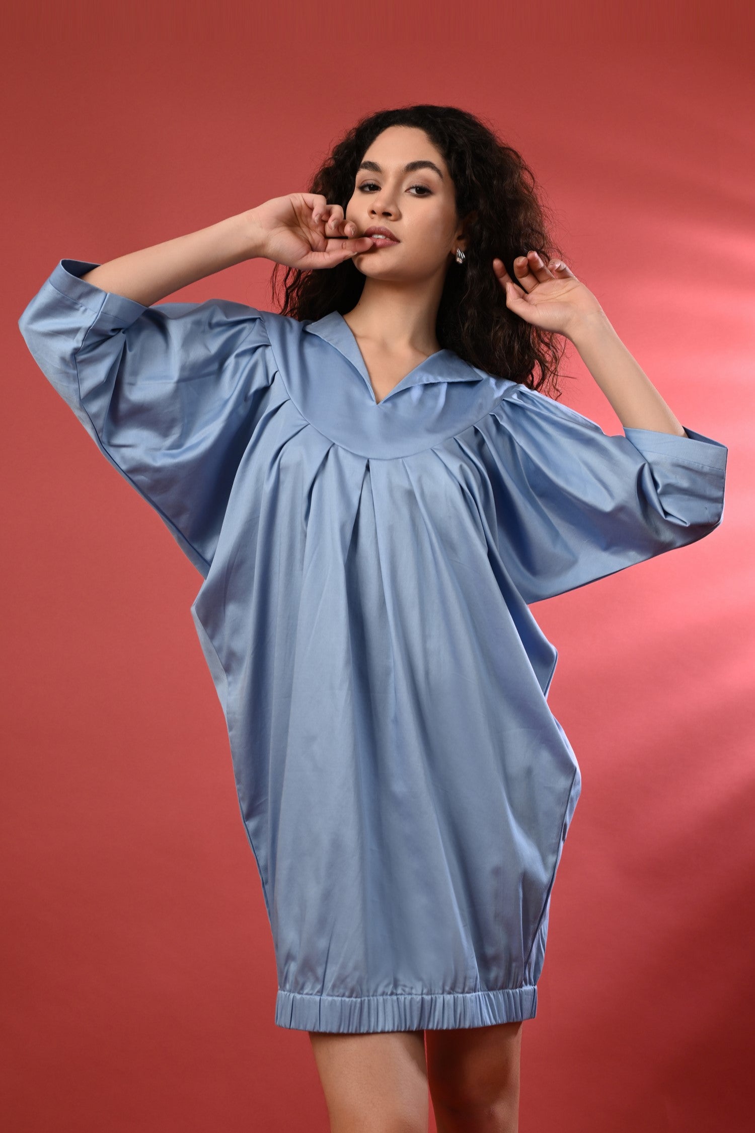 Sky blue linen short dress with long sleeves and a flattering fit-and-flare silhouette, perfect for summer outings.