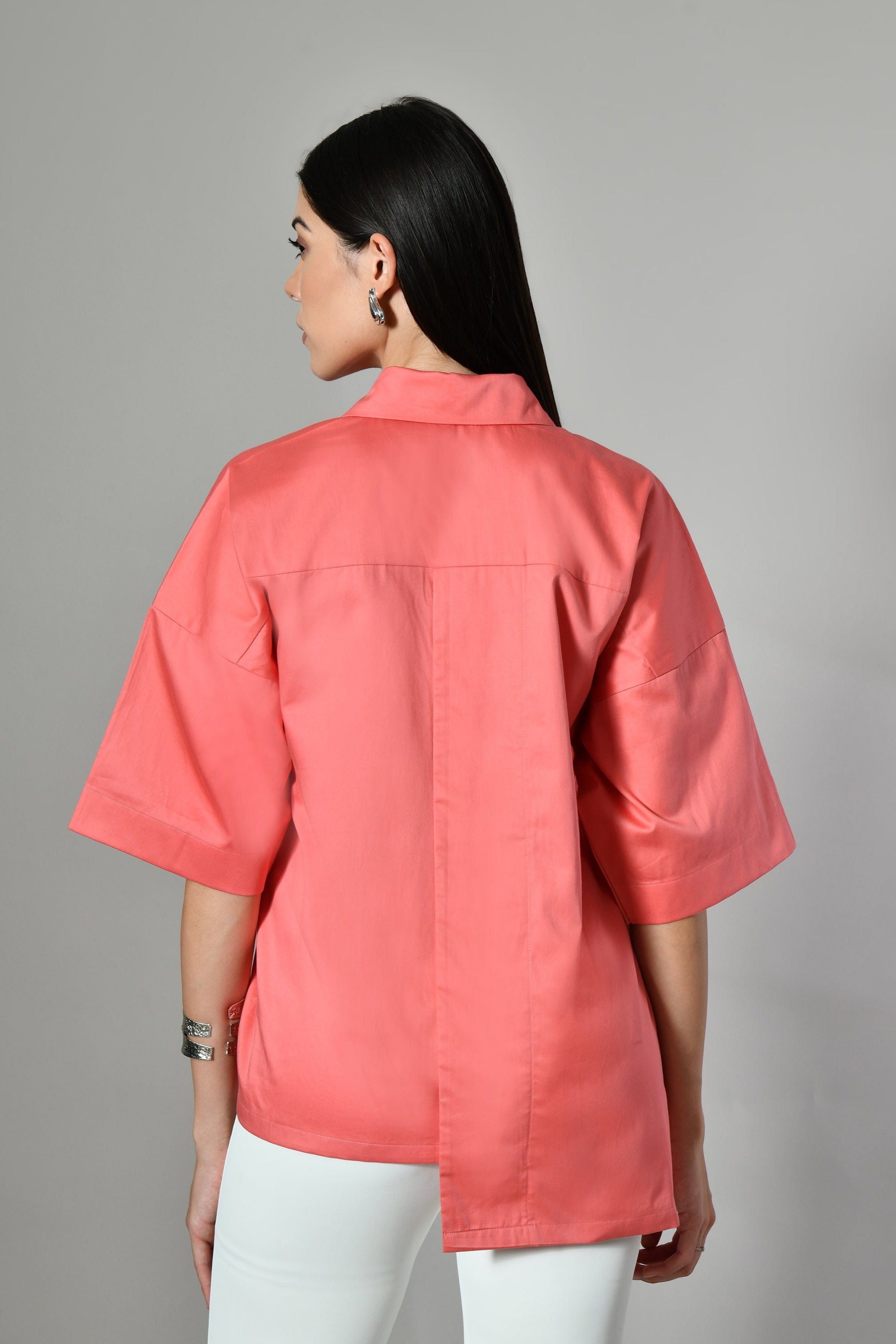 Fusion coral casual cotton shirt by Isara – stylish women’s shirt ideal for office wear, custom fit with linen-like texture.