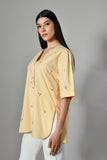 Stylish Yellow V-neck shirt – breathable cotton with elegant pearl detailing. Women’s pastel shirts, Shirts for working women.
