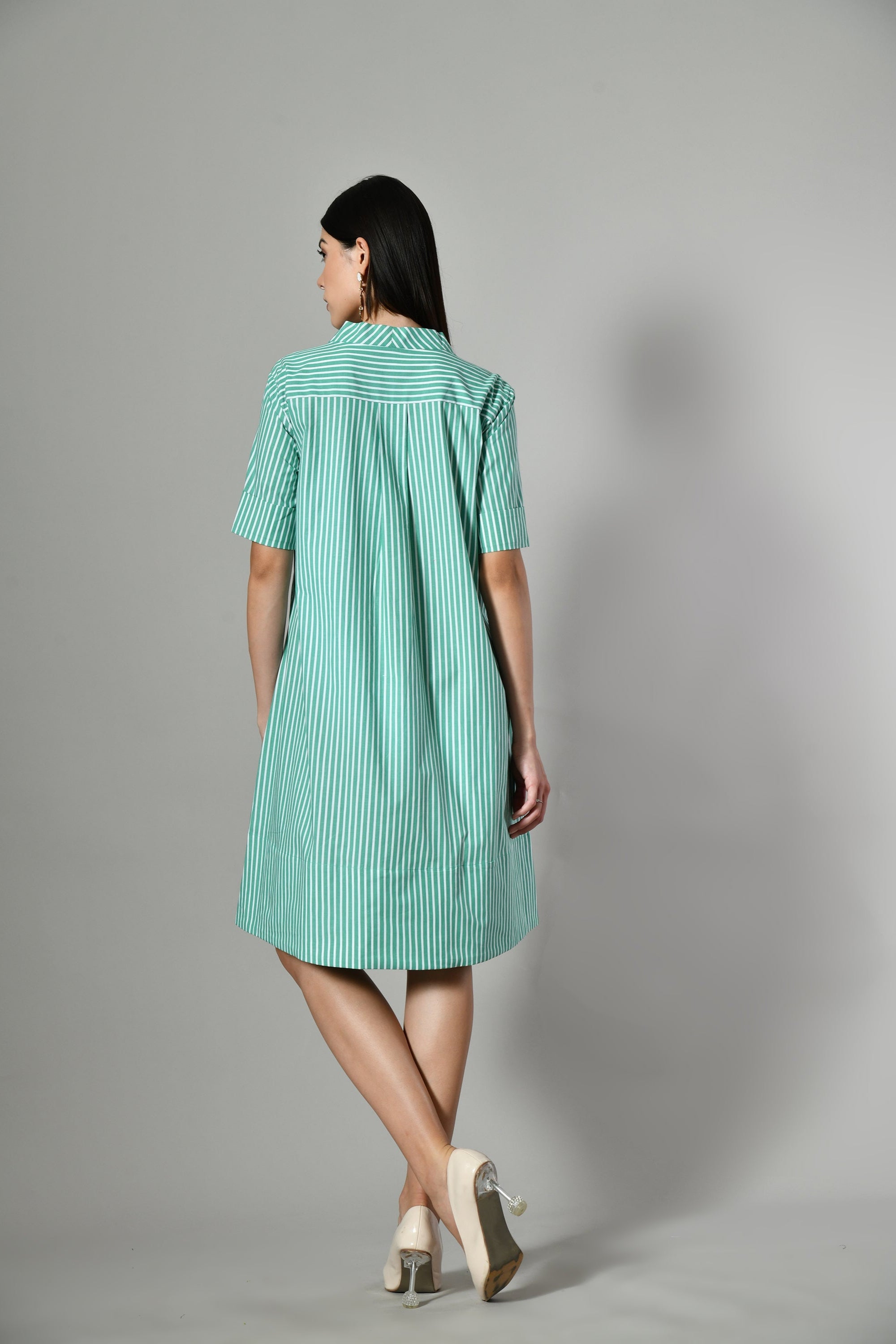 Green striped summer dress – breathable cotton sundress for women, ideal for warm weather and vacation wear. 