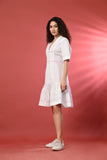 Trendy Mini Dress in White with Thread Detailing – A breezy and stylish white mini beach dress for women.  Summer formal wear