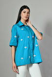Hand embroidered pearl work shirt for women – breathable summer cotton top with festive charm and Indo-Western appeal. Isara 