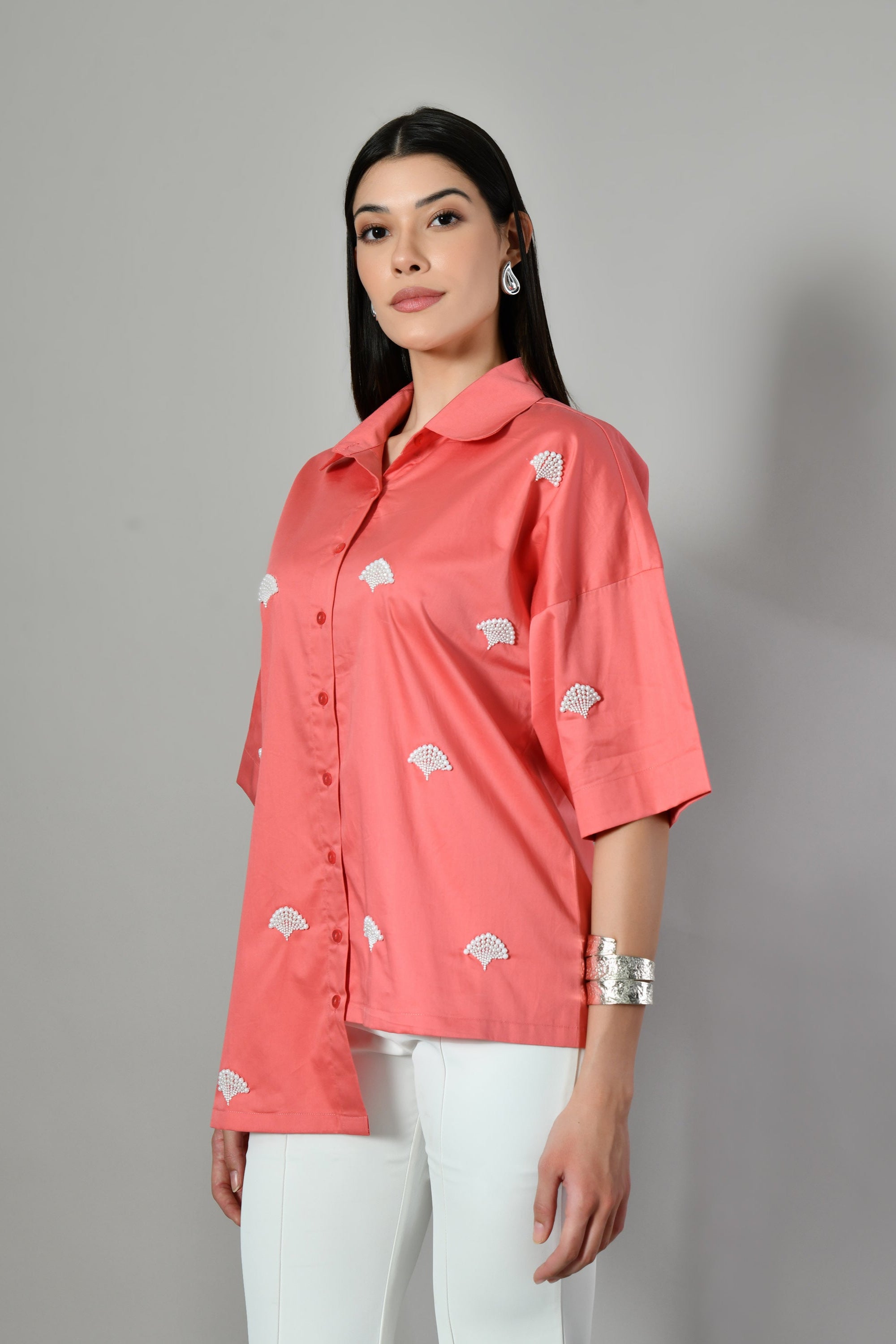 Elegant fusion coral shirt from Isara – versatile cotton shirt for ladies, perfect for casual outings or formal wear.