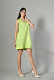 V-neck lime green short dress –breathable cotton day dress for warm weather, available online and near me. warm weather dress