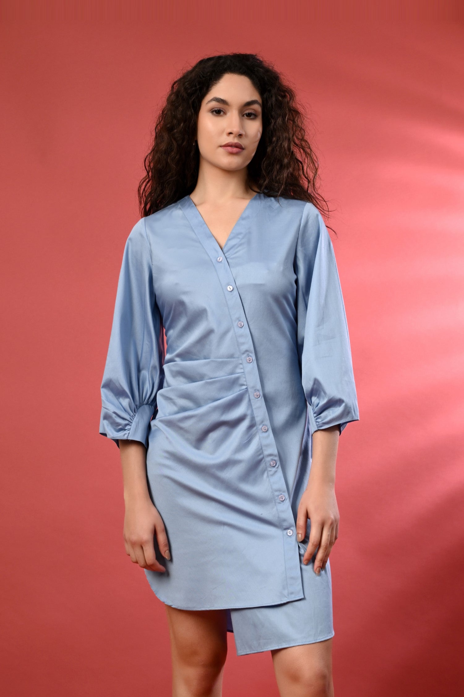 Sky blue linen wrap short dress for women featuring a waist-tie that cinches for a flattering fit. Lightweight and breathable