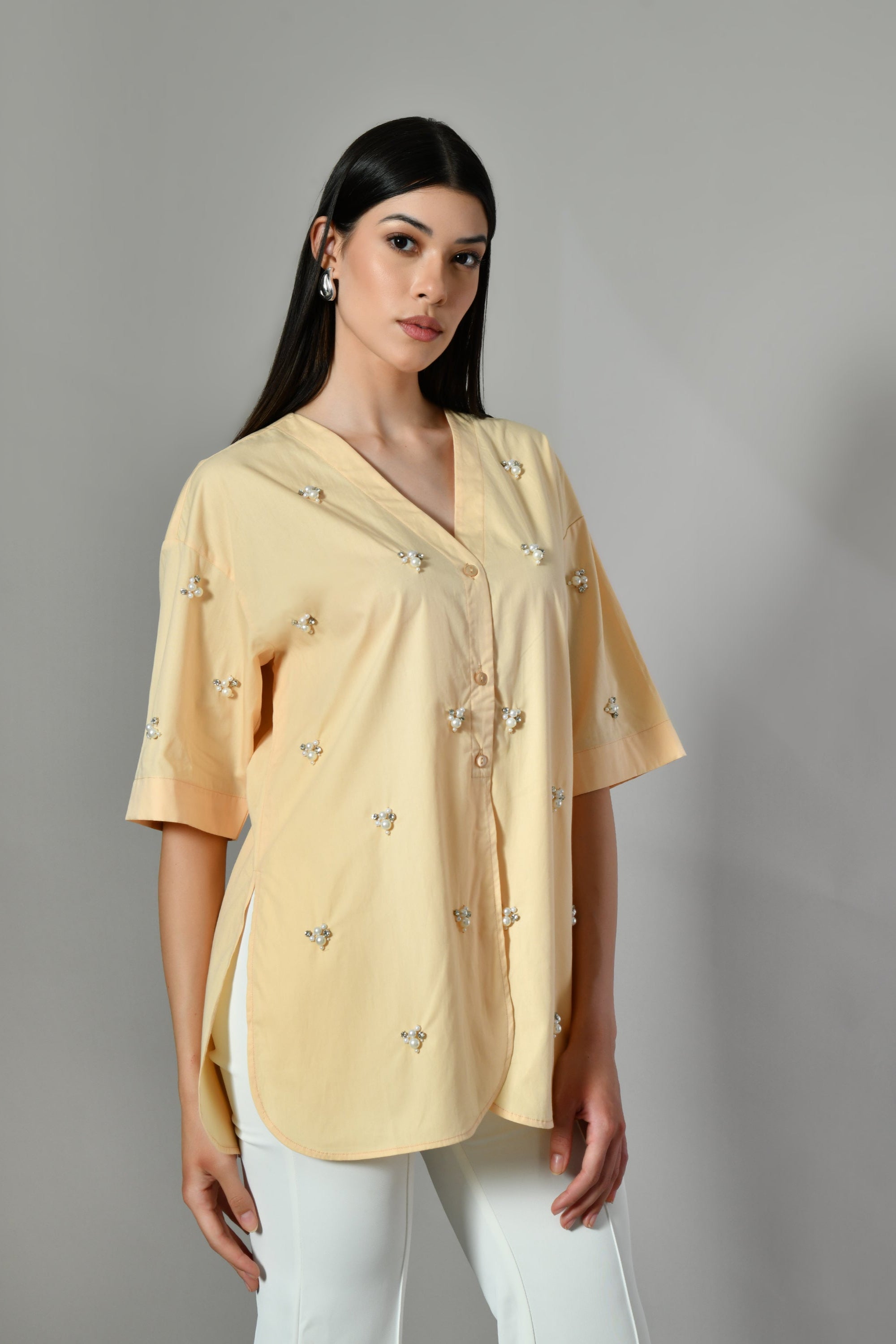 yellow cotton shirt with pearl embellishments– embroidered shirt women, oversized summer shirt, V-neck summer tunic for women